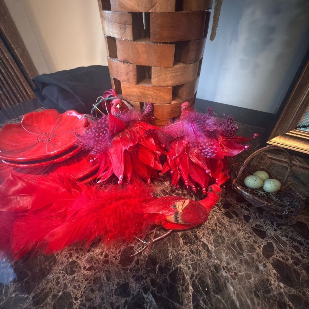 Festive Red Feathered Holiday Decor Set